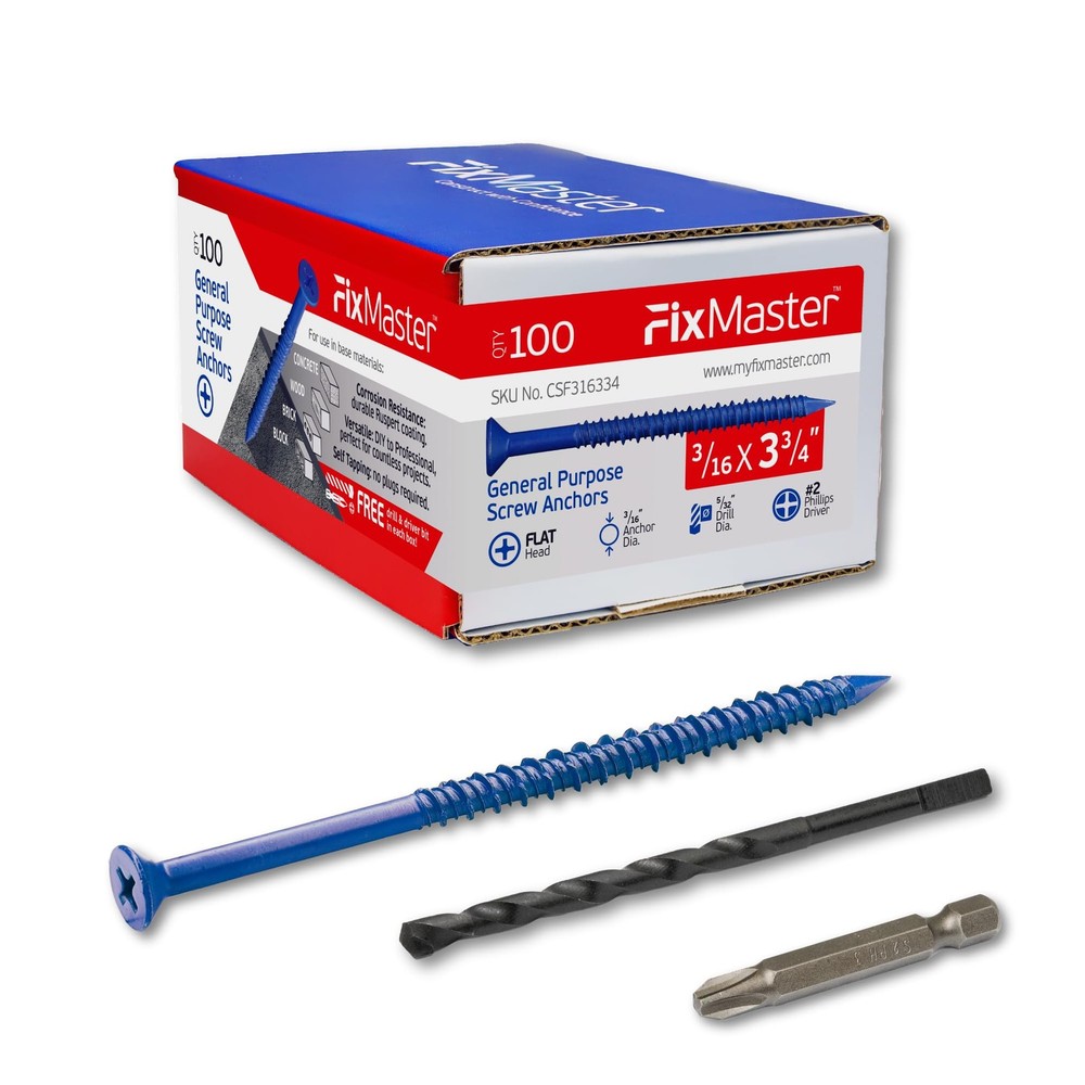 3/16 x 3-3/4 Inch Phillips Flat Head Blue Concrete Anchors 100 Pack