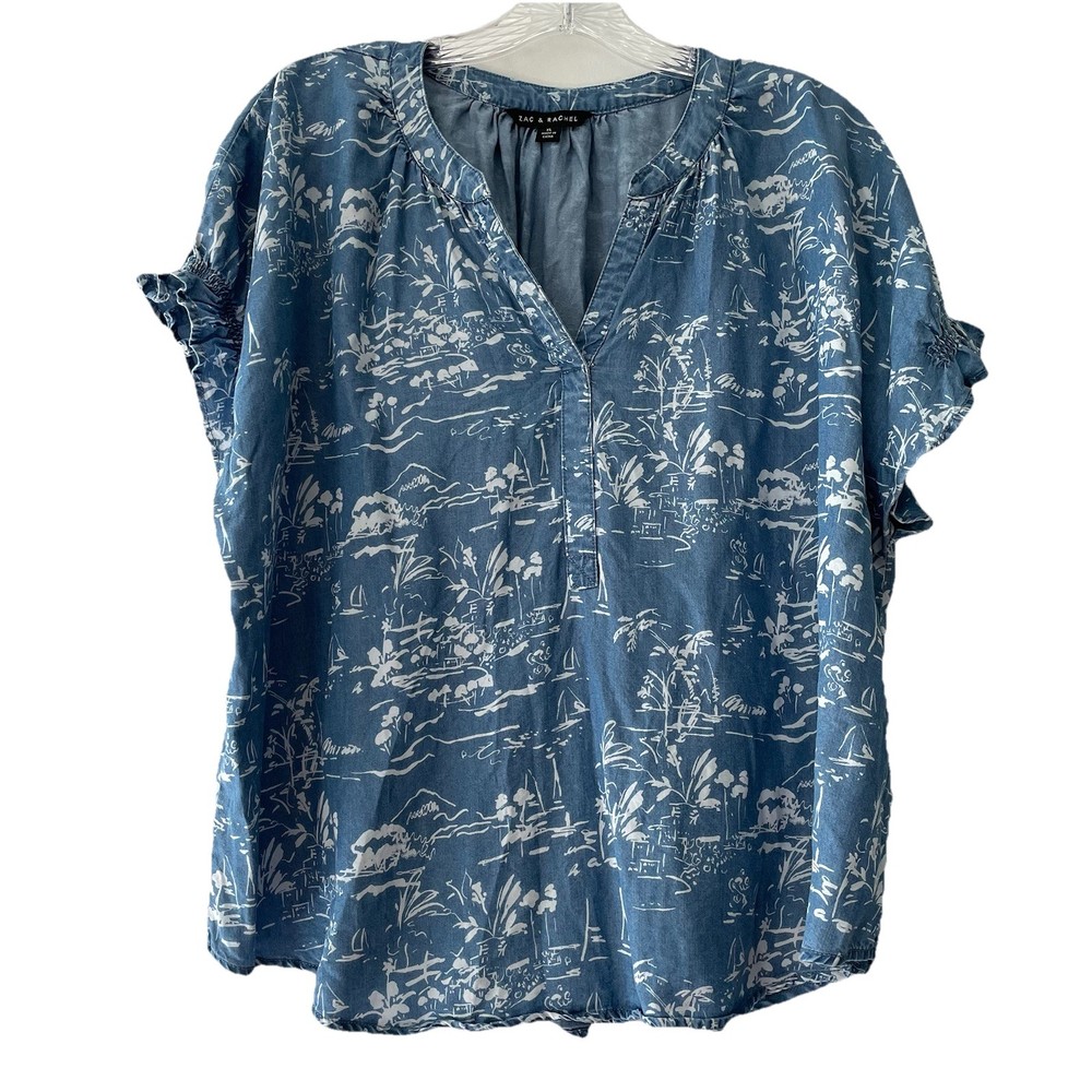 Zac & Rachel Women Size XL Denim Blue Scenic Toile Scene Top Shirt Elastic Back