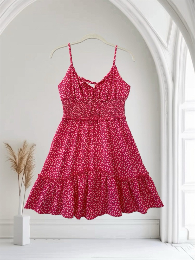 Women’s Pink Floral Tiered Babydoll Dress Size 4 Tie Neck Strappy Smocked