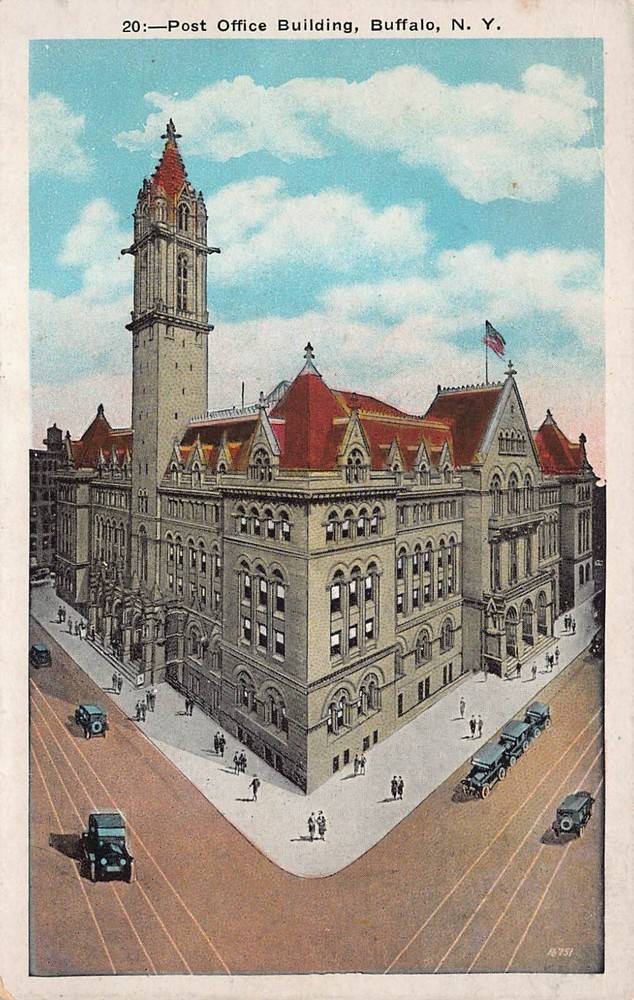Buffalo NY New York Downtown Post Office Cars Automobile 1920s Vtg Postcard T3