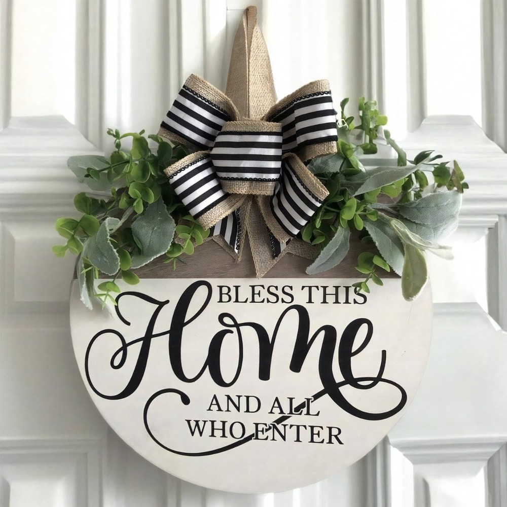 Welcome Sign for Front Door, Rustic Round Wood Wreaths Wall Hanging