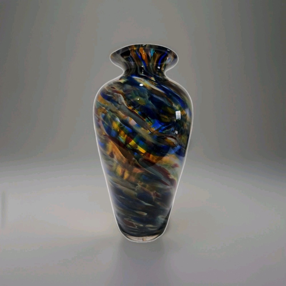 Signed Art Glass Vase Blue Red, Amber Swirl Signed Bowman