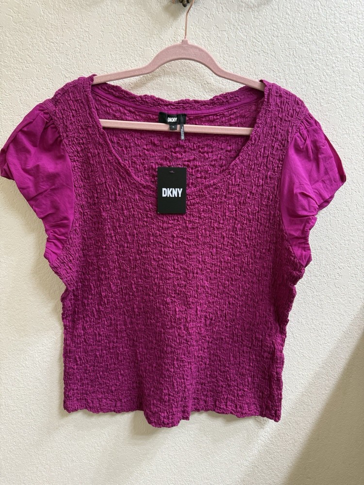 DKNY Women's Cap sleeve Smocked Bright Fuchsia Top Size XL