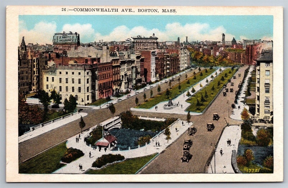Commonwealth Ave City Park Old Cars Cityscape Boston MA C1915 Postcard F21