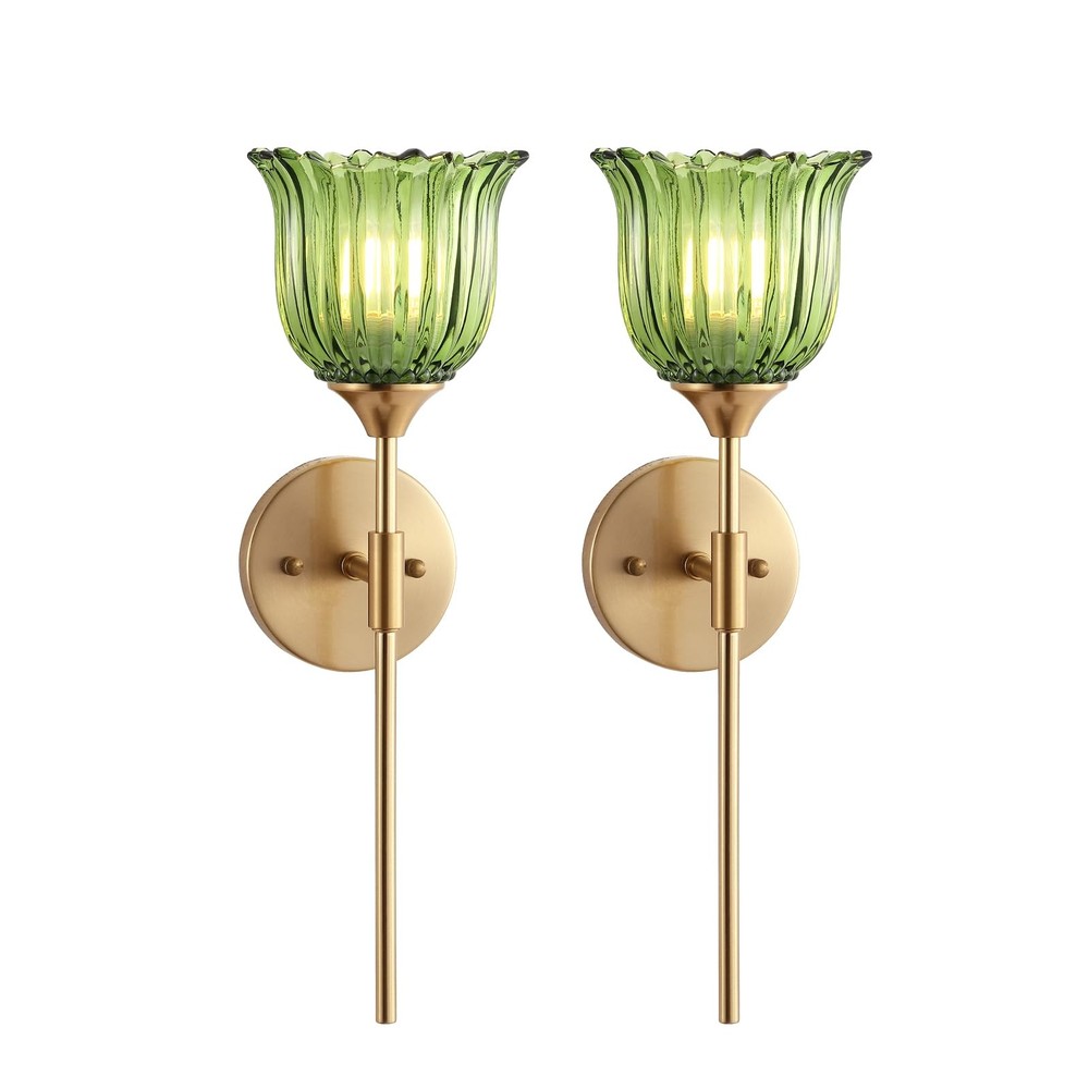 Gold Wall Sconce Set of 2 with Green Glass Shades Modern Mid Century Bathroom...