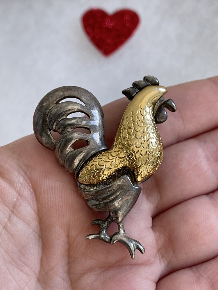 Vintage Bird Rooster Brooch 1920s-40s Gold Red Silver Pin  