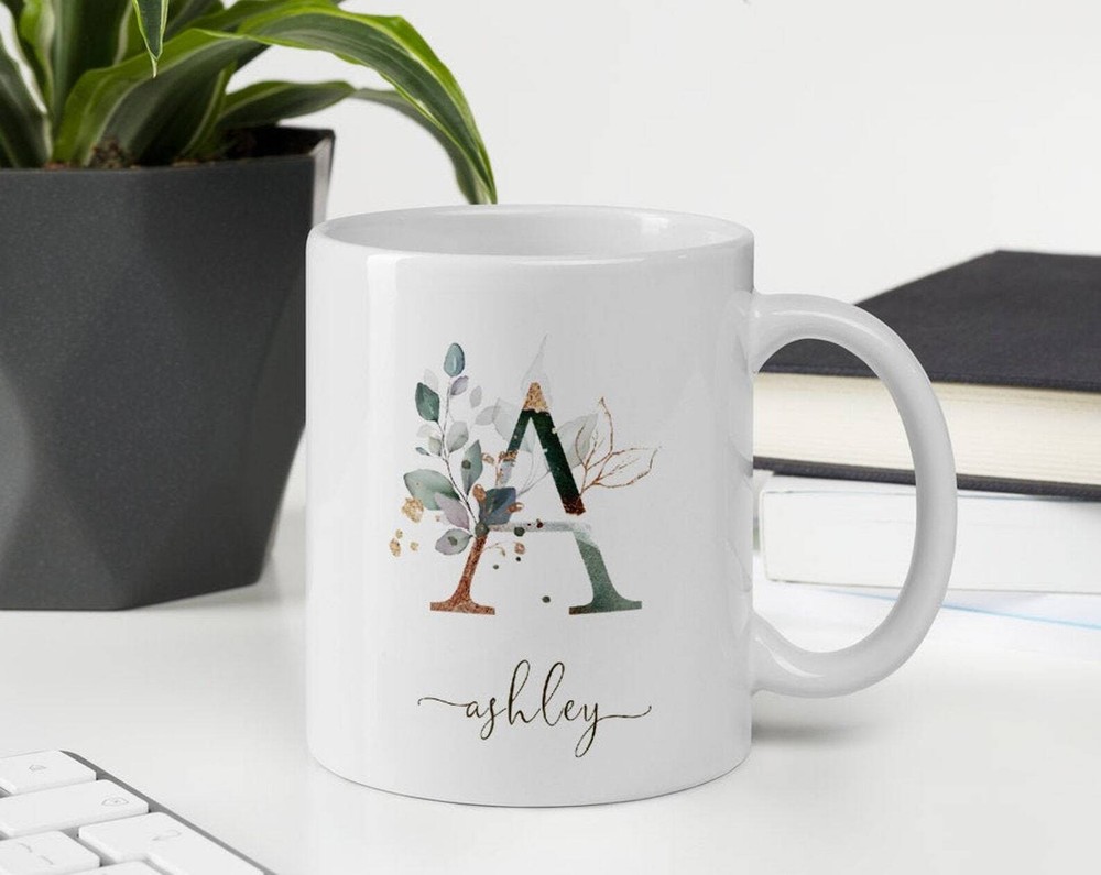 Personalized Floral Letter A Mug Custom Monogram Coffee Tea Cup Gift  