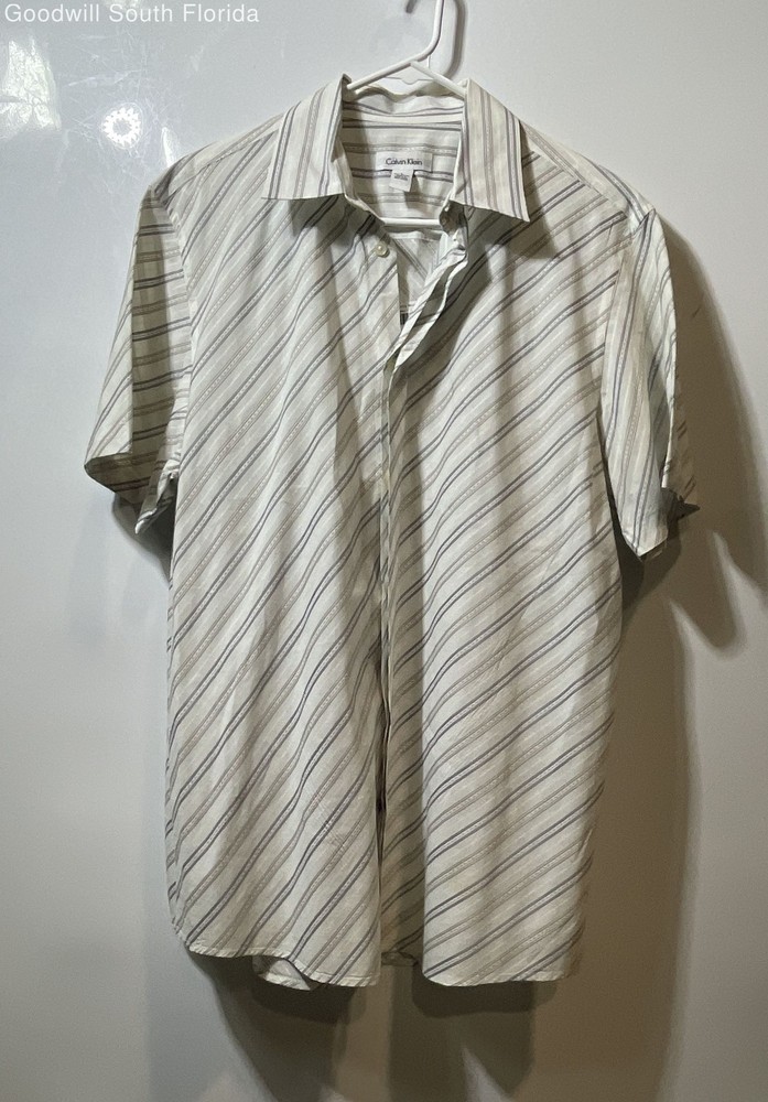 Calvin Klein Mens Multicolor Striped Short Sleeve Collared Button-Up Shirt Sz L