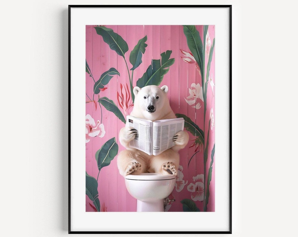 Polar Bear On Toilet Print Bathroom Prints Funny Bathroom Wall Decor Toilet