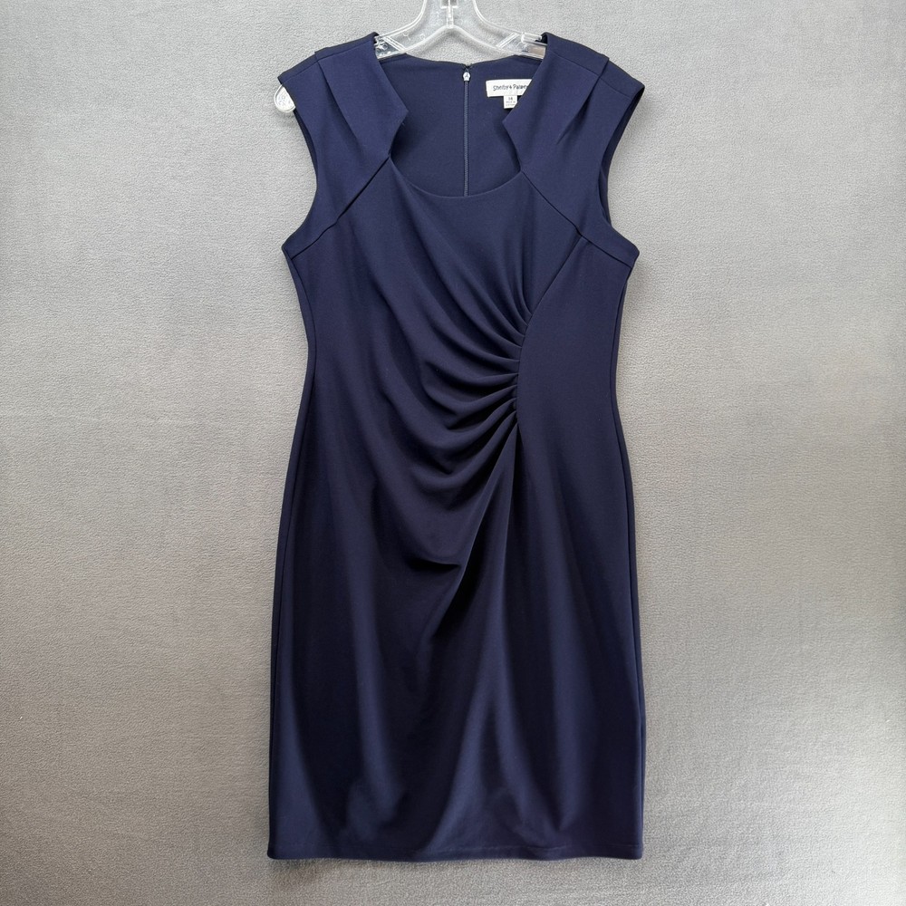 Shelby and Palmer Sheath Dress Womens 14 Navy Blue Stretch Draped Front Pleated