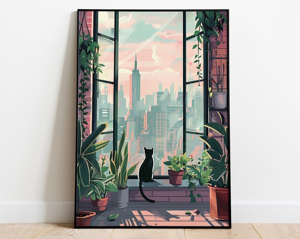 New York Window Cat Poster - Feline Wall Art for Cat Lovers in Black