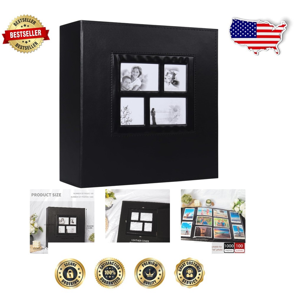 Elegant Black PU Leather 1000-Pocket Photo Album for Family Memories
