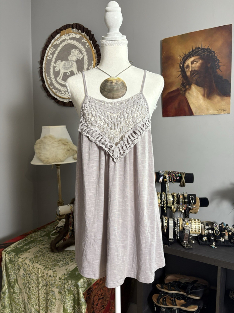 Y2K Boho Chic Women’s Gray Solid Scoop Neck Spaghetti Strap Crochet