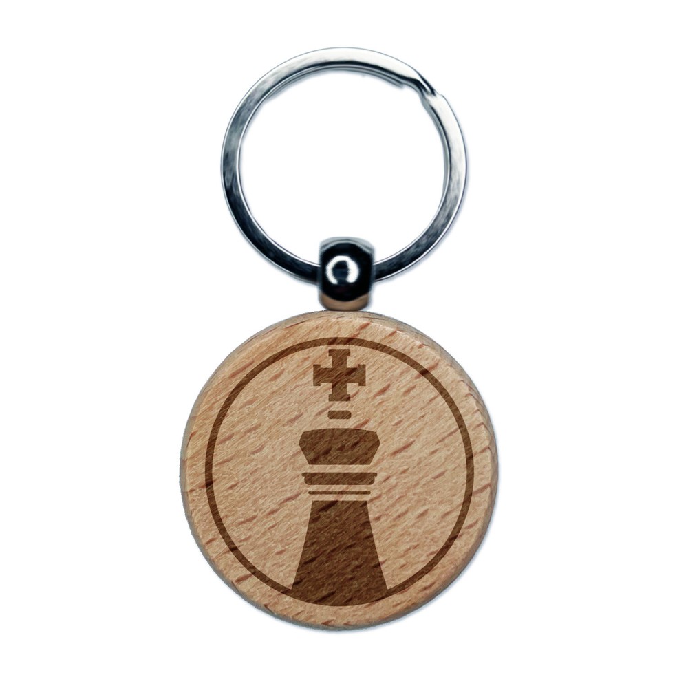 Chess Piece Black King Engraved Wood Round Keychain Tag Charm