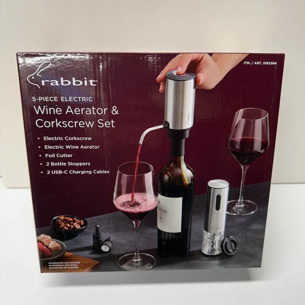 Rabbit Electric Wine Tool Set – 5-Piece Premium Wine Accessory Collection with Aerator for Effortless Pouring and Enhanced Flavor