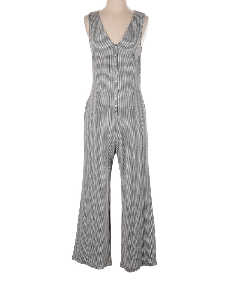 ANTHROPOLOGIE Eri + Ali Gray Check Jumpsuit FLARE LEG Sleeveless V-Neck SZ M