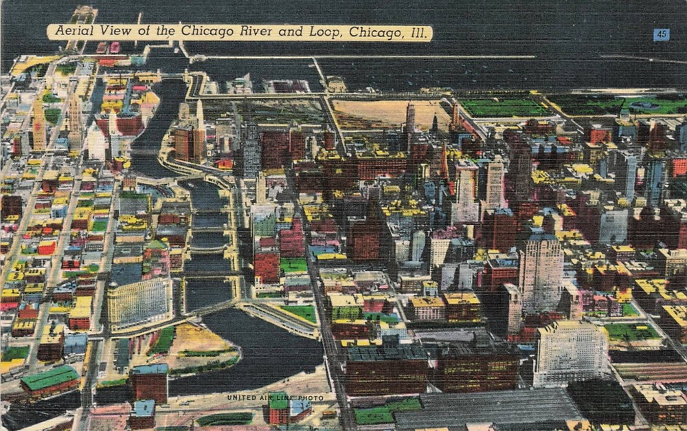 1940s Aerial View of the Chicago River and Loop Chicago Illinois Linen Postcard