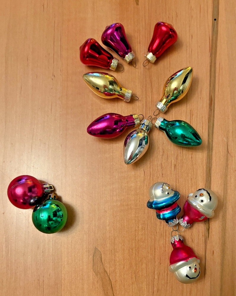 Small Glass Christmas Tree Ornaments Lot 13 Pc Bulbs Bells Snowman Lights Balls
