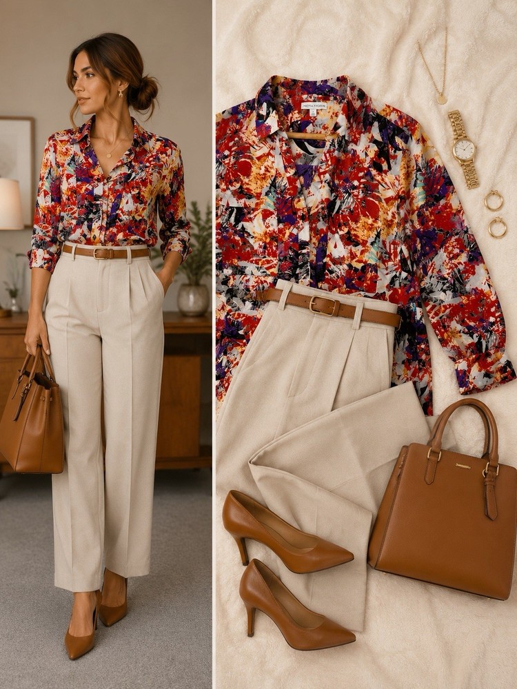 by Notations Multicolor Abstract Collared Button-Up Long Sleeve Blouse M