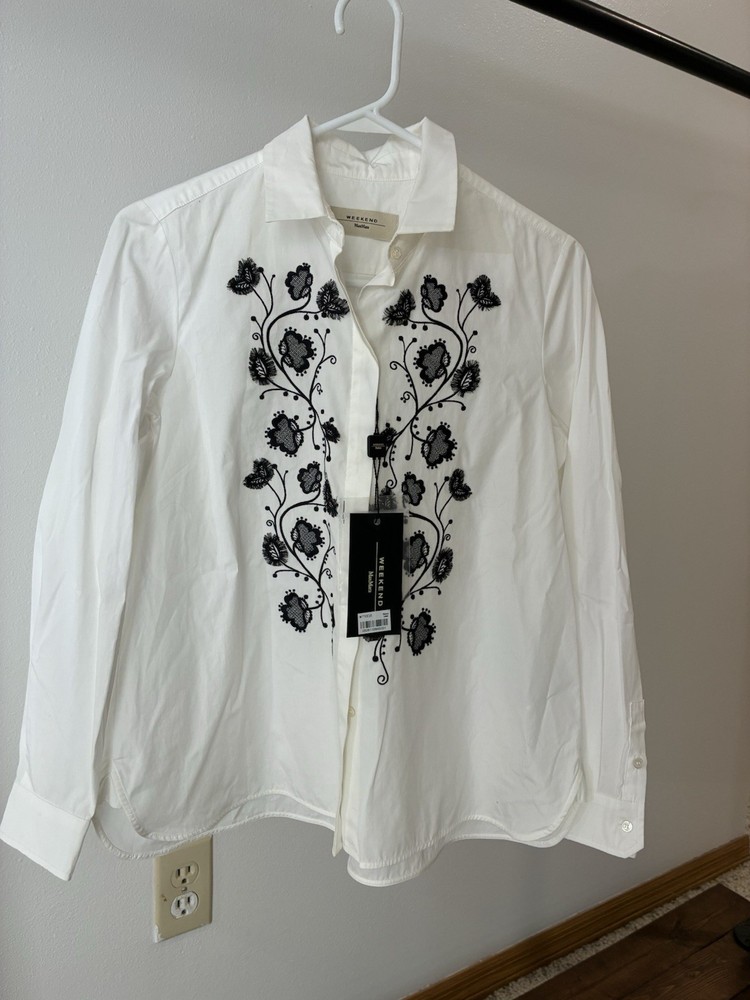 Weekend Max Mara Embroidered Floral White Button Front Blouse Size 36