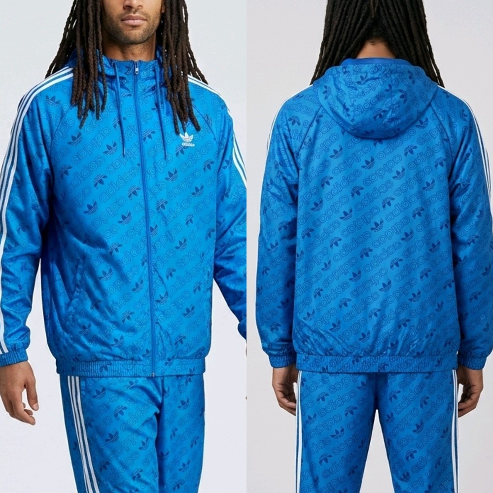 Adidas Originals Windbreaker XL Blue Trefoil Monogram All-Over Print Logo Jacket