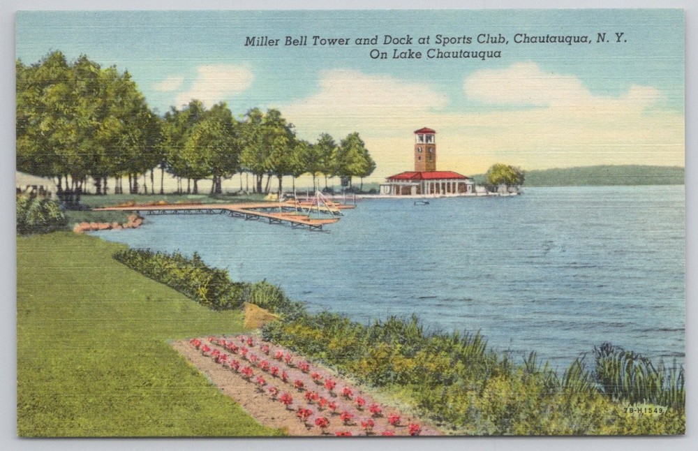 Chautauqua NY Miller Bell Tower Sports Club Lake Curteich Linen Postcard