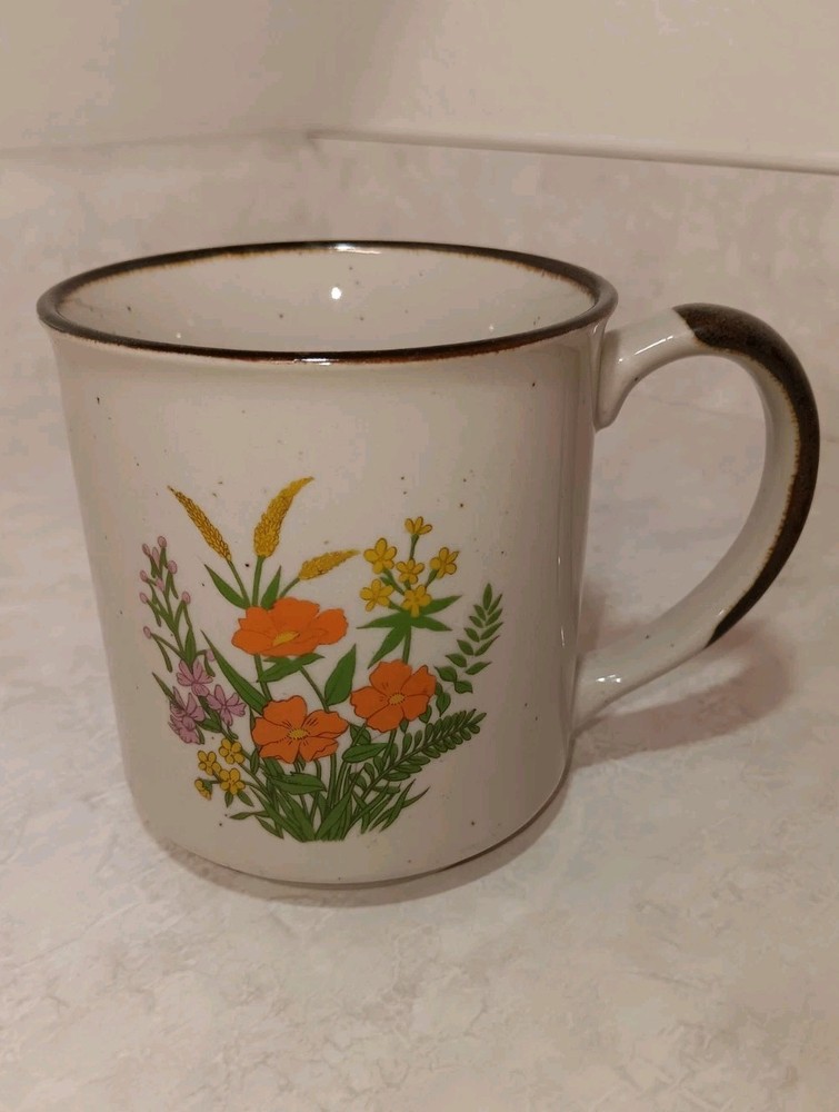 Vintage 1960s-1970s Brown Speckled Stoneware Wildflower Mug Stackable
