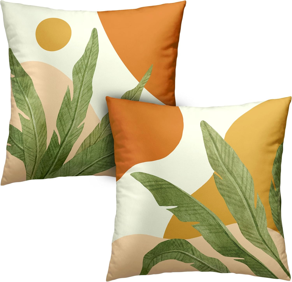Boho Tropical Leaf Pillow Covers Set of 2 18x18 Abstract Print-image