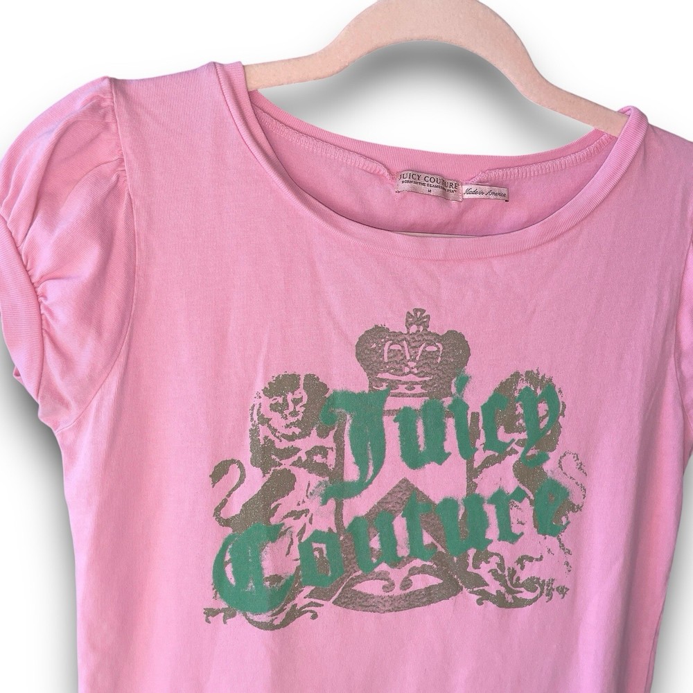 Vintage Y2K Juicy Couture Crown Glitter Graphic Print Pink Green Slogan Tshirt M