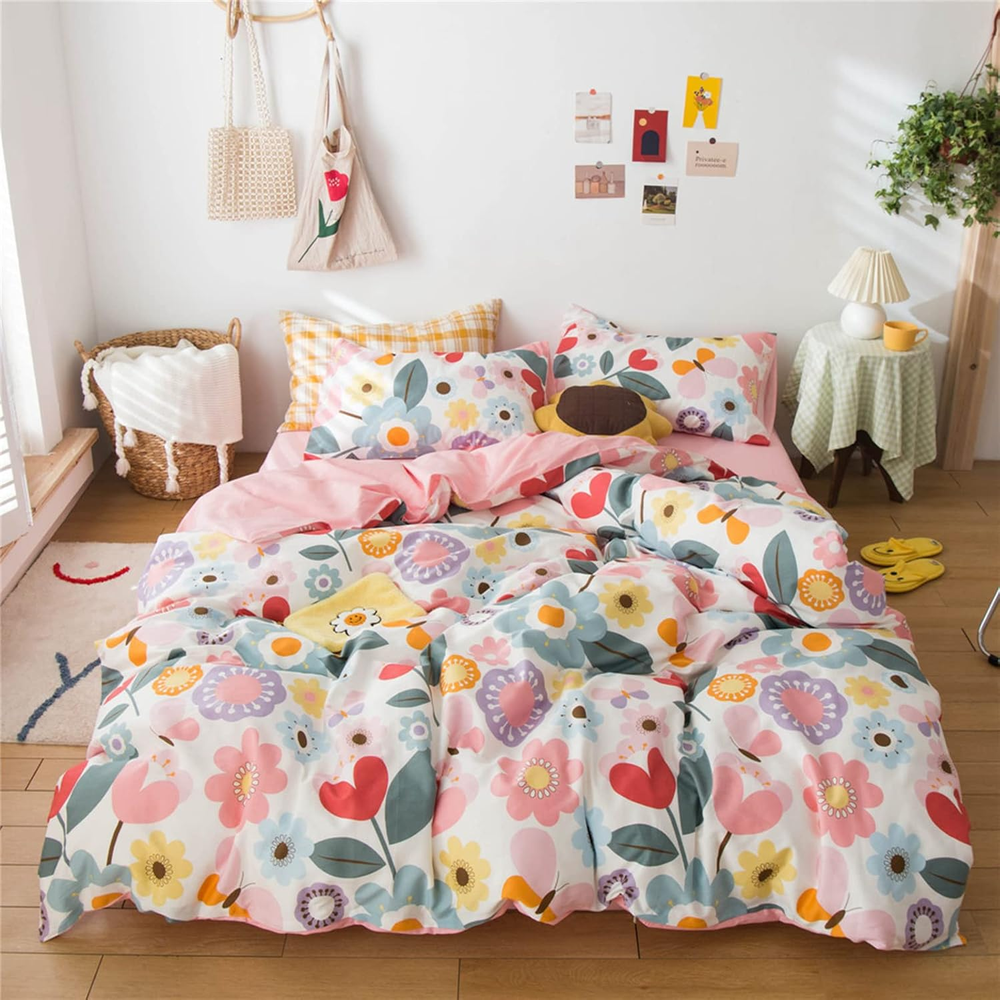 Queen Size Floral Bedding Sets Kids 3 Pieces Cotton Duvet Cover Queen Pink for W