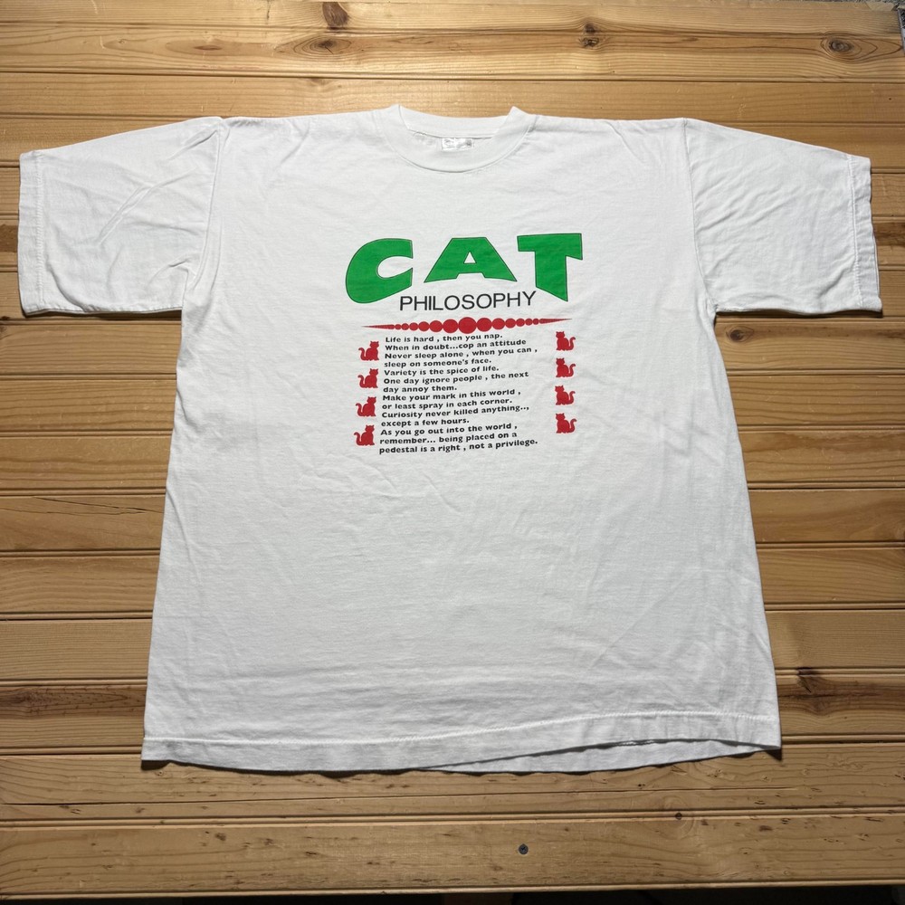 Vintage 90s Cat Philosophy Funny Humor Single Stitch Graphic T-Shirt Men's XXL