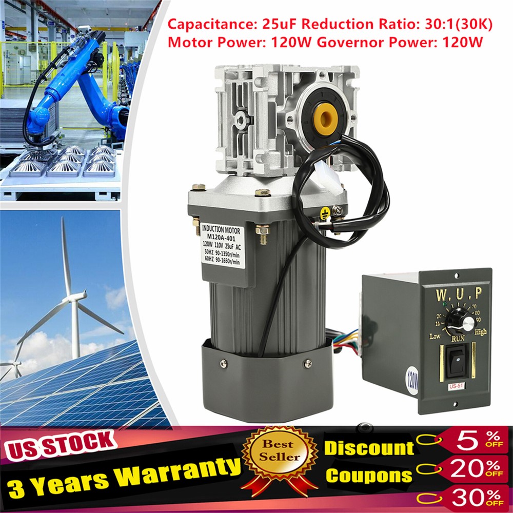 Worm Gear Motor 120W AC 110V Speed Controller Industrial Gearbox Electric RV30