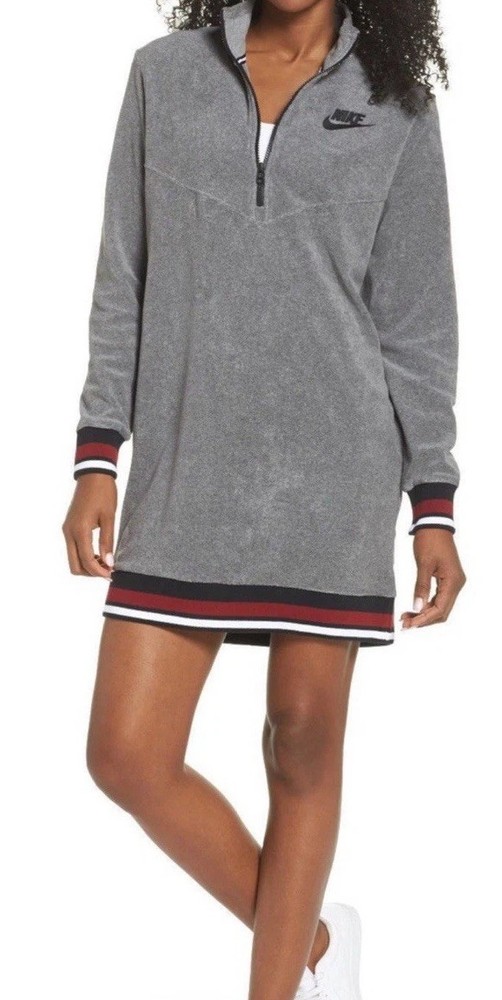 Nike Terry Sweater Dress Gray Collared Zip Long Sleeve Size M