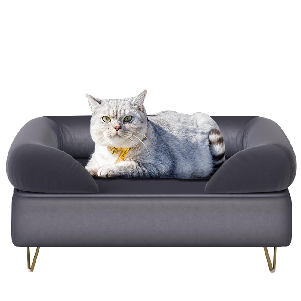 Soft Velvet Dog Sofa Bed with Wooden Frame for Medium Dogs in Grey