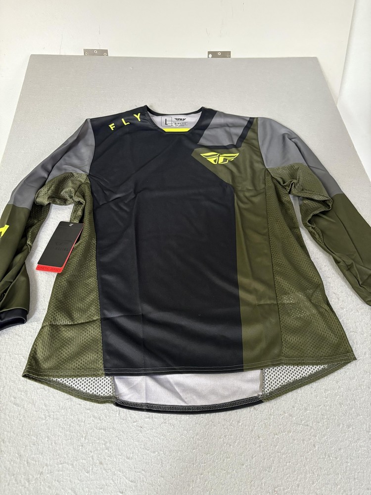 Fly Racing Kinetic Jet Jersey Mens Large Black Olive Green Hi-Vis MX Long Sleeve
