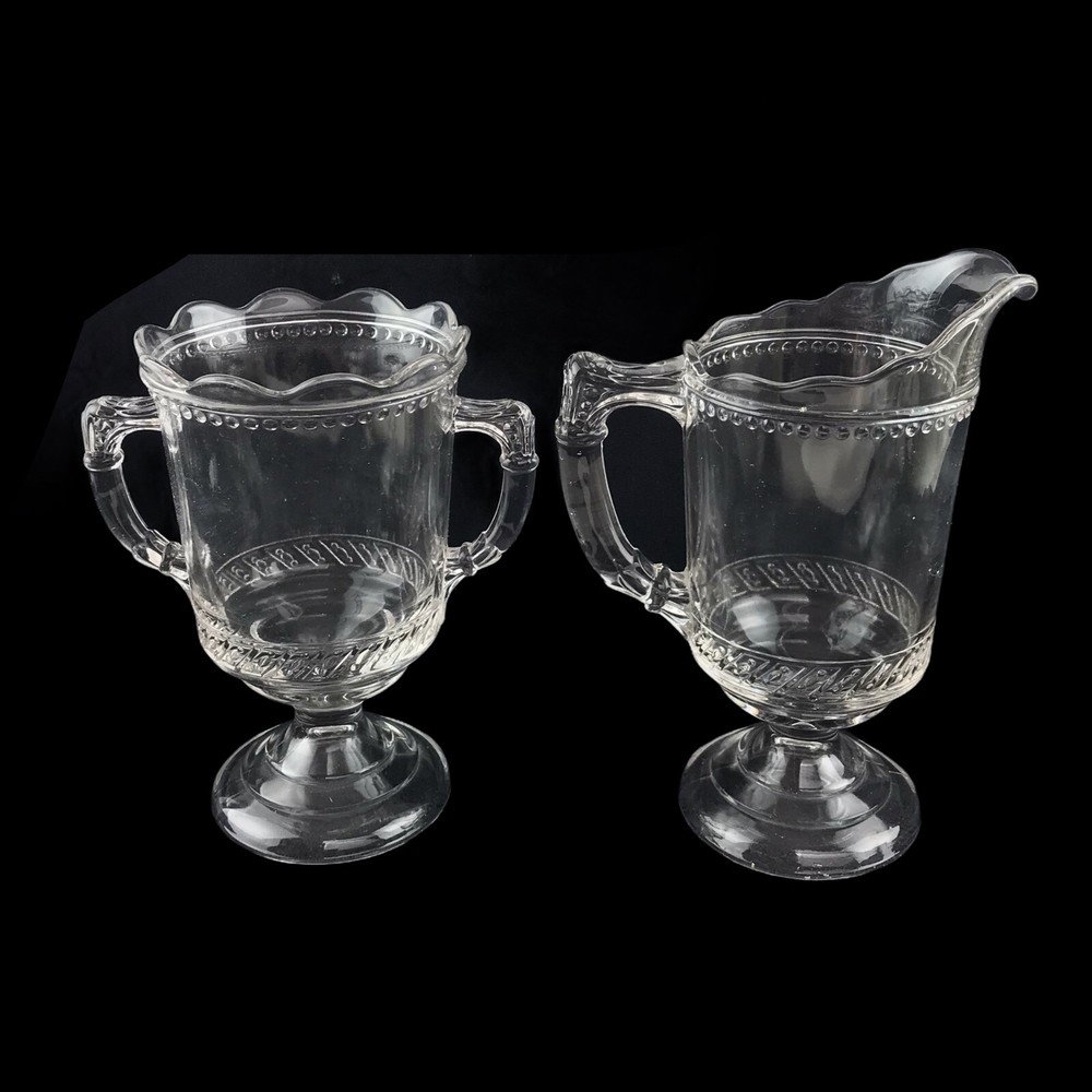 Antique Victorian EAPG Large Open Sugar Creamer Set Clear Glass Helmet Shaped
