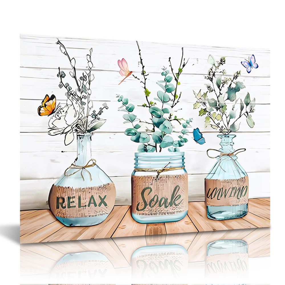 Farmhouse Bathroom Wall Decor Poster Flower Green Leaf and Butterfly, Rustic ...