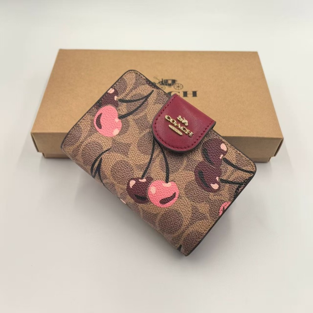 COACH Bi-fold Wallet Cherry Print in Signature Brown Outlet