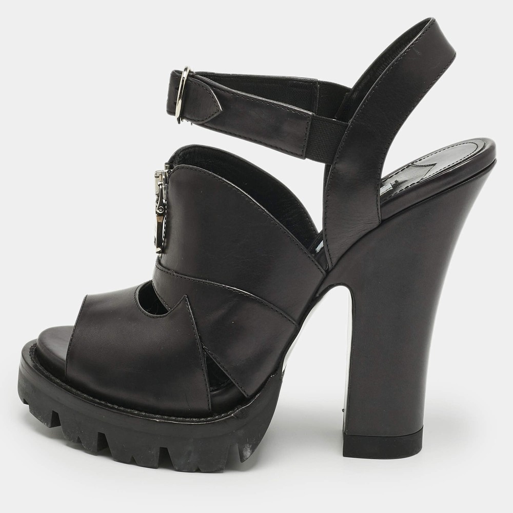 Prada Black Leather Zip Detail Platform Sandals Size 39