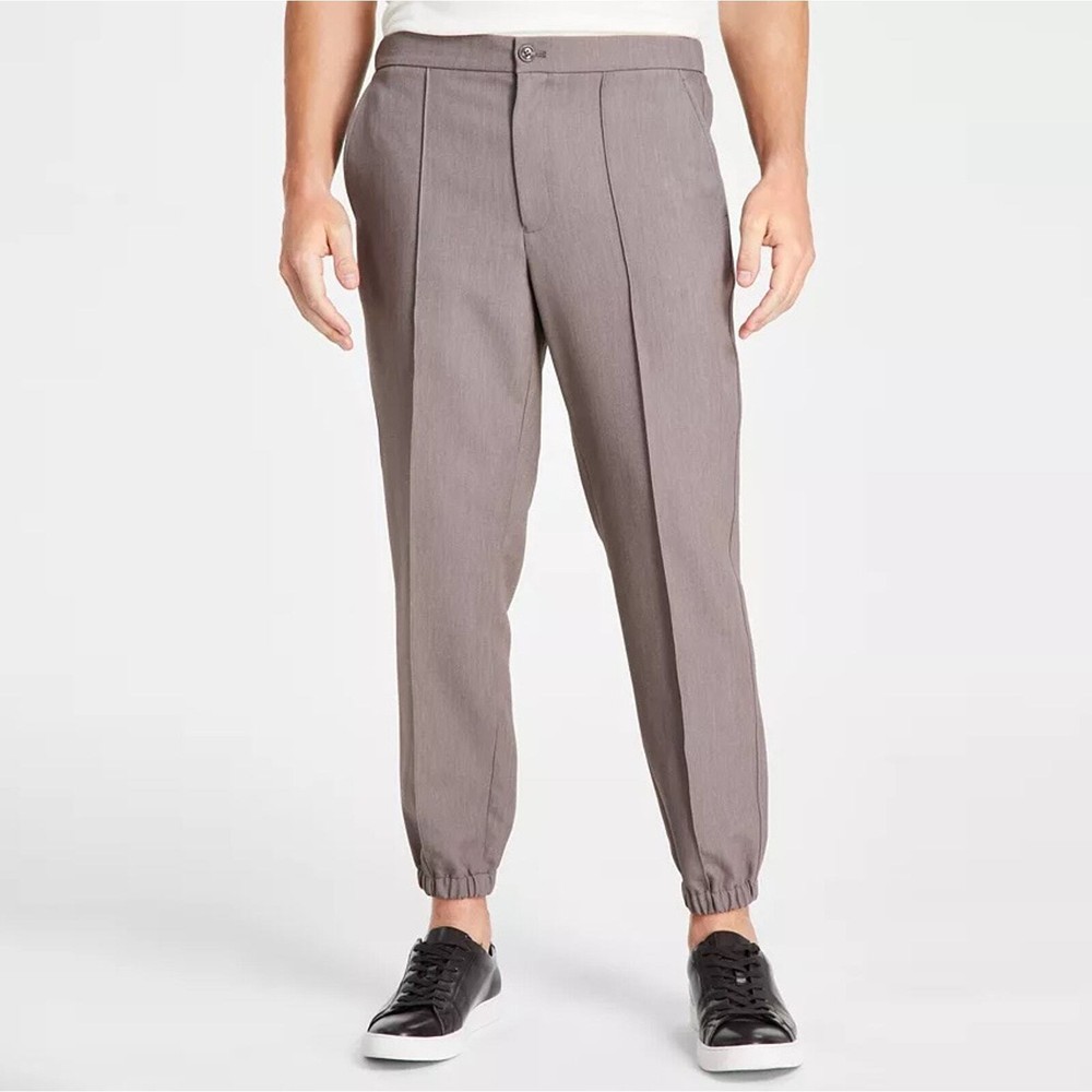 Alfani Men's Taupe Gray Woven Casual Fit Elastic Hem Dressy Jogger Pants Size L