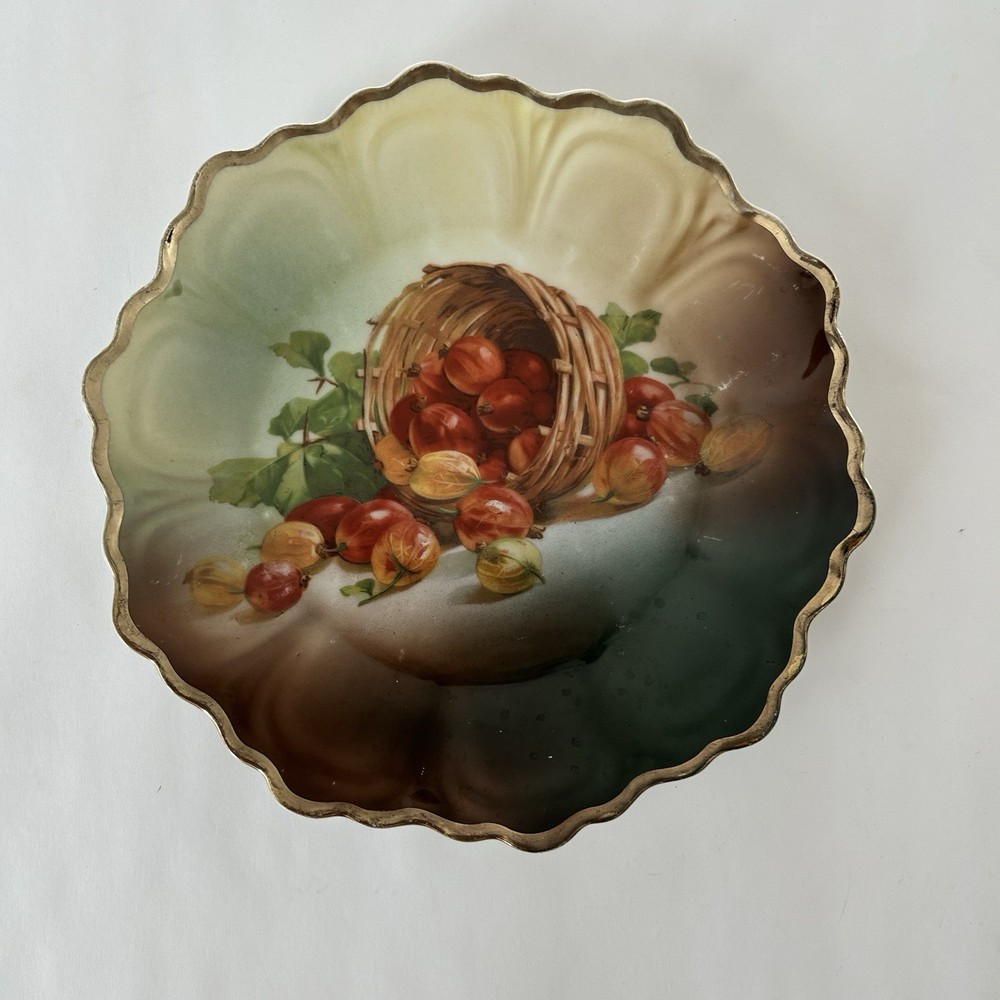 Antique Royal Munich Hand Painted Porcelain Plate Basket of Tomatoes Gold Rim