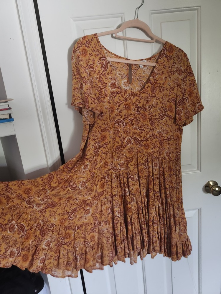 PATRONS OF PEACE Size L Orange Floral Paisley Tiered Mini Boho Swing Dress