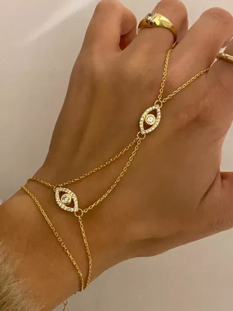 Evil Eye Hand Chain Bracelet In 1.20Ct Simulated Diamond 14k Yellow Gold Plated