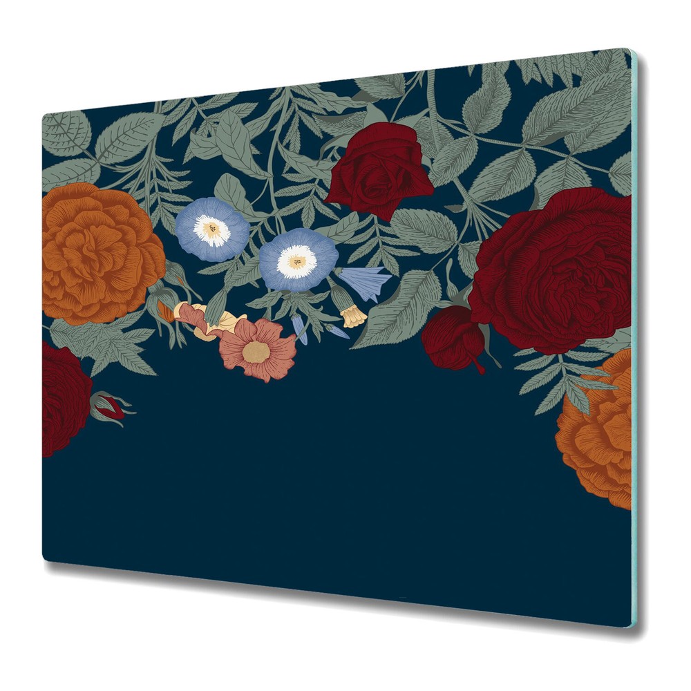 Glass Chopping Board Utensil Board Vintage roses blue red orange 60x52