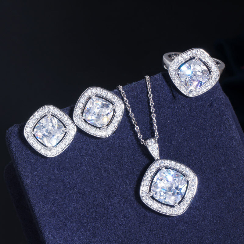 Silver Plated CZ Pendant Necklace Earrings Ring Women Cubic Zirconia Jewelry Set