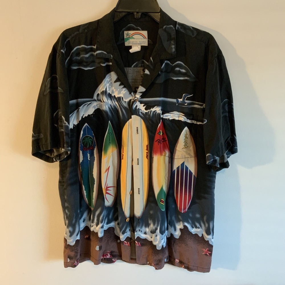 Hawaiian Shirt Vintage Paradise Found Mens Medium Surfboard Surfer Button Up