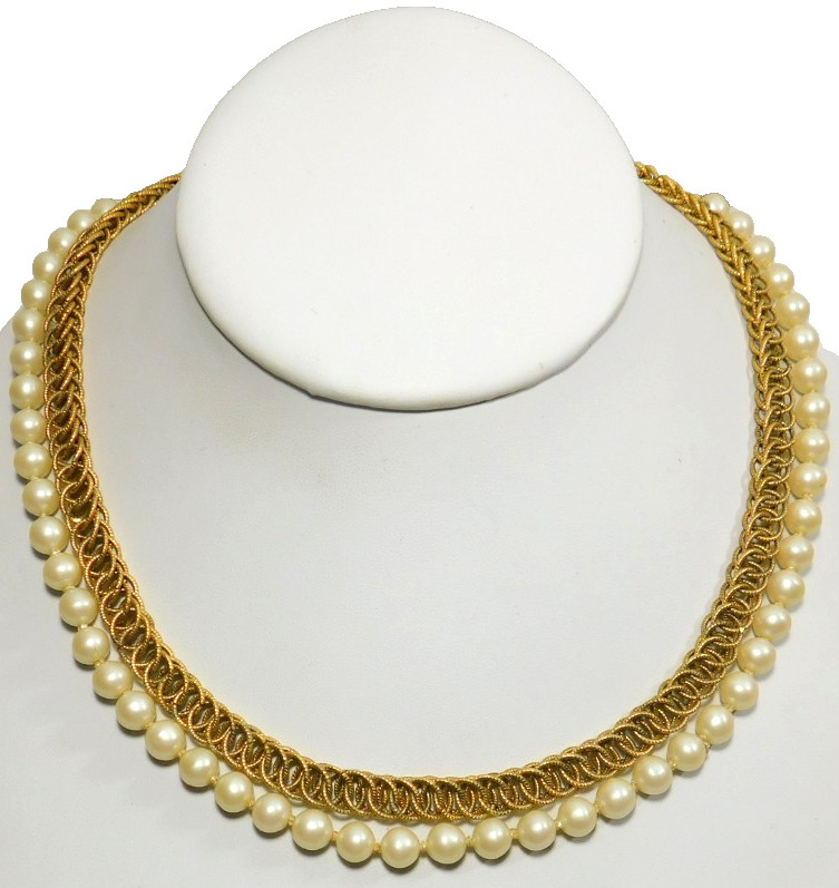 Vintage Gold Tone Interlocking Circle Link Faux Pearl Double Strand Necklace