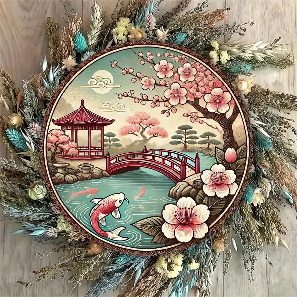 Japanese Garden Theme Round Aluminum Foil Carved Wall Art