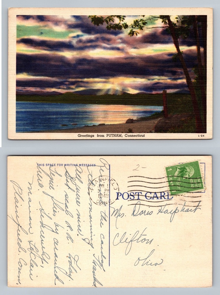 Putnam, CT-Connecticut Color Lake Sunset Greetings c1940 Postal Vintage Postcard