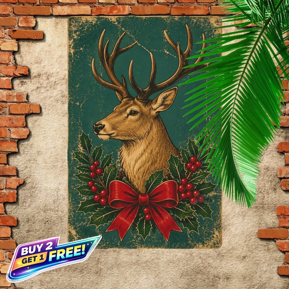 Festive Reindeer Holiday Tin Metal Sign Vintage Home Wall Decor